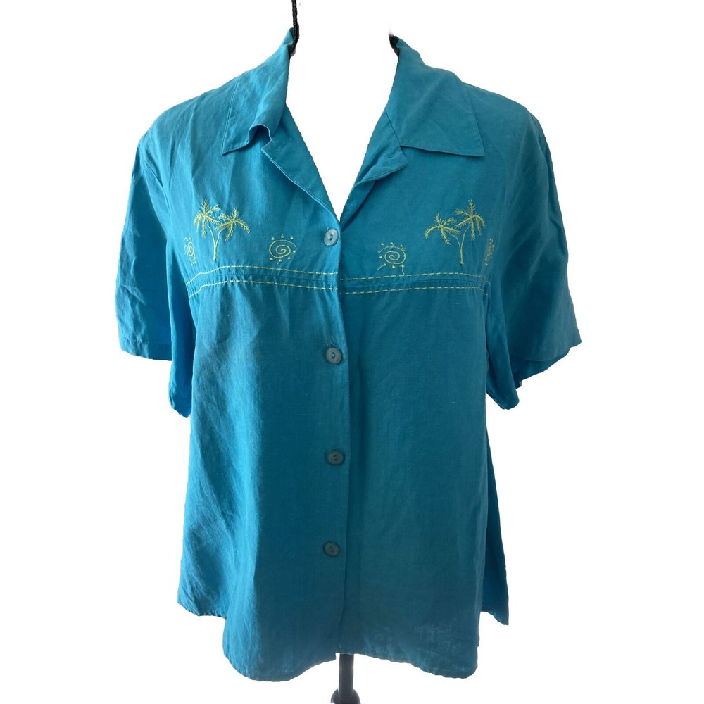 Dress Barn Top Shirt Blouse 20W SILK LINEN Embroidered Tropical Beach Turquoise